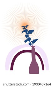 Minimalist abstract boho pattern with sunny sky, rainbow and branch in vase. design for nursery wall decor, print for t-shirt, summer party invitations, etc.