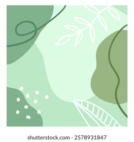 Minimalist abstract botanical background in soft green tones with organic shapes, delicate leaves, and smooth lines. Ideal for branding, packaging, invitations, social media, and website design. 