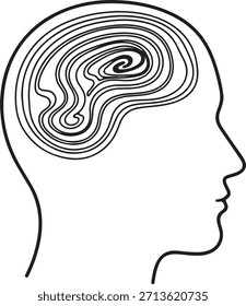  Icono de cerebro Abstractas minimalista: cabeza de Perfil de arte de línea con patrón de pensamiento giratorio para conceptos de salud mental, psicología y neurociencia