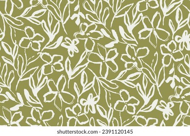 Minimalist abstract  brush stroke painting seamless flower pattern illustration. Modern trendy paint line background.