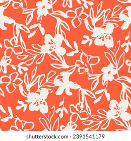 Minimalist abstract  brush stroke painting seamless flower pattern illustration. Modern trendy paint line background.