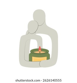 A minimalist, abstract candle holder featuring two figures embracing. Symbolizes care, warmth, comfort, and emotional support. Great for self-care, relationships, and well-being concepts.