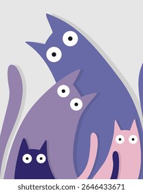 Minimalist abstract cats illustration in pastel colors. Funny cartoon style with big eyes and playful shapes. Modern, cute, and decorative.