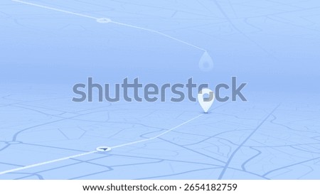 Minimalist abstract city map in soft blue tones with gps route and location pin. GPS tracking, and tech backgrounds. 3d vector design with isometric perspective.