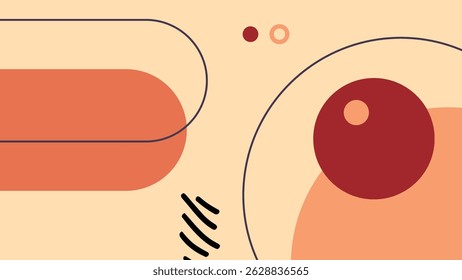 Minimalist abstract composition featuring bold curves, large circles, and soft geometric elements in vibrant tones over a light beige background.