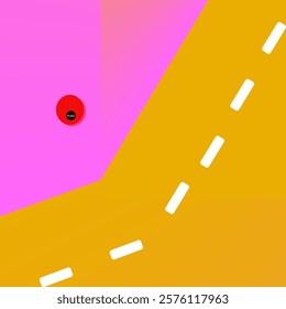 A minimalist, abstract composition featuring a bright red button with the word "PUSH" on a pink background, contrasting with a yellow background with a dashed white line. 