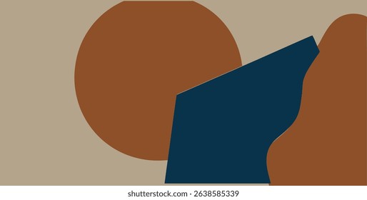 A minimalist abstract composition featuring a brown circle, a blue shape, and a tan background element
