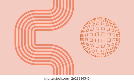 Minimalist abstract composition featuring dynamic curved lines and a spherical grid element over a soft pink background for a futuristic artistic effect.