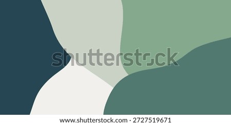 A minimalist abstract composition featuring flowing, organic shapes in a soothing palette of muted greens, teal, and off-white.