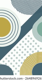 A minimalist abstract composition featuring geometric shapes and patterns in a palette of muted blues, greens, and mustard yellow, creating a modern and sophisticated aesthetic.