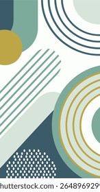 A minimalist abstract composition featuring a palette of muted teal, deep blue, mustard yellow, and off-white with rounded shapes and linear elements.