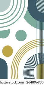 A minimalist abstract composition featuring a palette of muted teal, deep blue, mustard yellow, and white. Geometric shapes like circles and arcs create a modern, clean aesthetic.