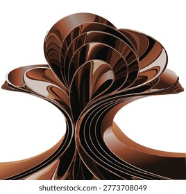 A minimalist, abstract composition featuring smooth, metallic, bronze-toned surfaces that elegantly curve and overlap, creating a sense of depth and flowing motion. The dominant colors are rich, bright browns and subtle golden hues, with highlights of bright, almost white light reflecting off the polished edges of the curved forms.