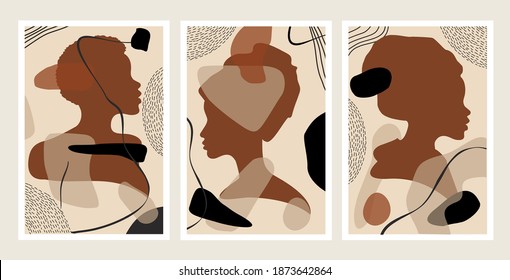 Minimalist abstract composition. Silhouettes of female faces in profile, line and spot. . Trendy pastel shades for your design. Fashionable design for clothes. Unusual home image. Wall art