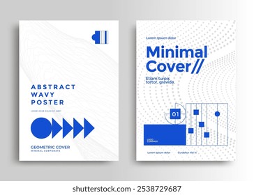 Diseño abstracto minimalista de la cubierta con Formas geométricas, acentos azules y patrones punteados sobre fondo blanco, ideal para pósters corporativos modernos y diseños creativos