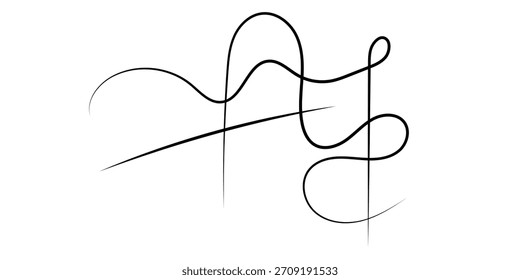 Ein minimalistisches abstraktes Design, das mit einer einzelnen, durchgehenden schwarzen Linie auf weißem Hintergrund erstellt wurde. Die kalligraphische Linie bildet elegante Schleifen, Kurven und Kreuzungen.
