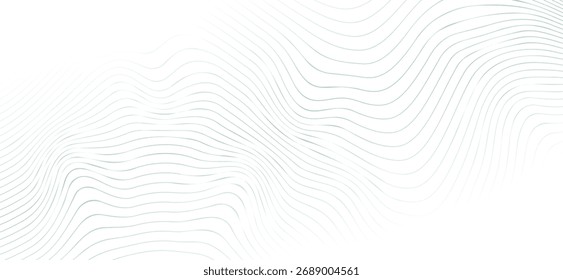 Un diseño abstracto minimalista presenta delicadas líneas verdes pálidas onduladas que se curvan sobre un fondo blanco prístino, creando una sensación suave de movimiento y profundidad sutil