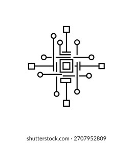 Un diseño abstracto minimalista con una placa de circuito con cuadrados, círculos y líneas de conexión, creando una estética tecnológica moderna.