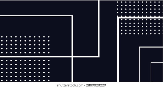 A minimalist abstract design featuring a composition of white outlined rectangles and squares, some filled with a pattern of small white dots, all set against a solid dark background, creating a modern and clean aesthetic.