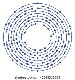 Ein minimalistisches abstraktes Design mit konzentrischen blauen Kreisen mit gleichmäßig beabstandeten Punkten entlang ihrer Pfade, die ein Gefühl von Verbindung und Fluss schaffen.