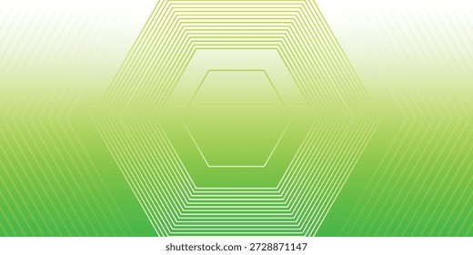 Un diseño abstracto minimalista con Formas hexagonales concéntricas formadas por delgadas líneas blancas contra un degradado verde suave.