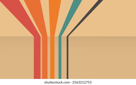 Minimalist abstract design featuring converging colorful lines against a beige background, showcasing geometric symmetry and modern art aesthetics