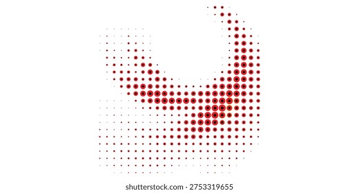 A minimalist abstract design featuring a crescent shape created by a pattern of halftone dots, with a gradient of red hues.