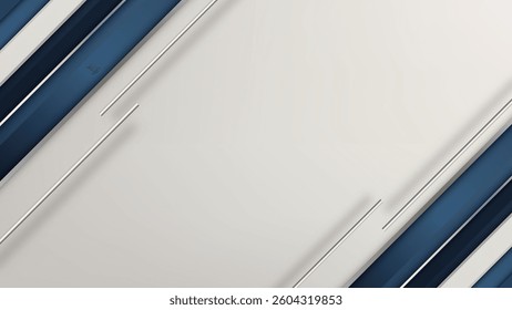 Minimalist abstract design featuring diagonal blue and white stripes on a clean white background, enhanced by thin silver lines for an elegant and modern aesthetic. Graphic design, branding