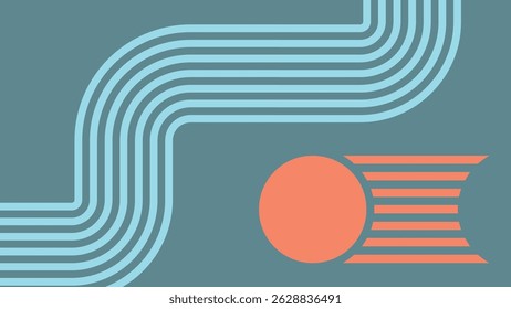 Minimalist abstract design featuring dynamic curved lines and bold circular forms over a muted teal background, offering a lively and futuristic visual look.