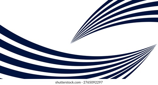 A minimalist abstract design featuring elegant dark blue curved stripes flowing across a clean white background. The dynamic composition uses varying line thickness to create a sense of movement, depth, and professional sophistication, ideal for corporate branding, web headers, or modern stationery.