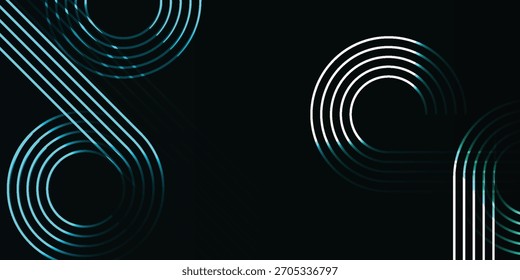 Un diseño abstracto minimalista con líneas paralelas brillantes de estilo retro en verde azulado y blanco, curvas y que fluyen a través de un fondo negro sólido.