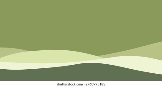 A minimalist abstract design featuring layered wavy shapes in varying shades of green, evoking a sense of rolling hills or serene natural forms.