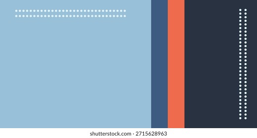 Un diseño abstracto minimalista con un fondo azul claro con rayas de Vertical de azul oscuro, naranja y una delgada línea verde, acentuada por filas de puntos blancos.