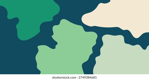 A minimalist abstract design featuring organic, flowing shapes in a palette of deep teal, muted green, and cream.