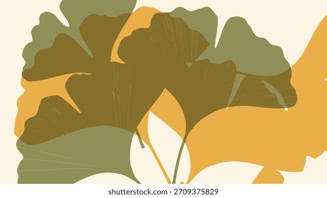 Un diseño abstracto minimalista con hojas de ginkgo superpuestas en tonos de verde oliva y amarillo ocre sobre un fondo crema.