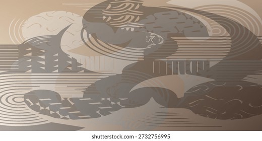 A minimalist abstract design featuring overlapping circles, lines, and organic forms in muted earth tones.