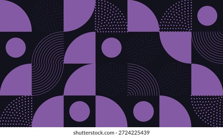 Un diseño abstracto minimalista con Formas geométricas repetitivas como círculos, cuadrados y arcos en tonos de púrpura contra un fondo oscuro.