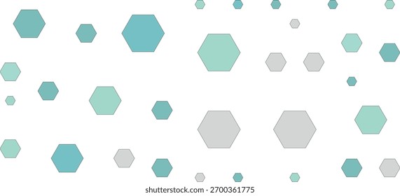 A minimalist abstract design featuring a scattered arrangement of teal and gray hexagons of varying sizes on a clean white background, creating a modern and simple visual.