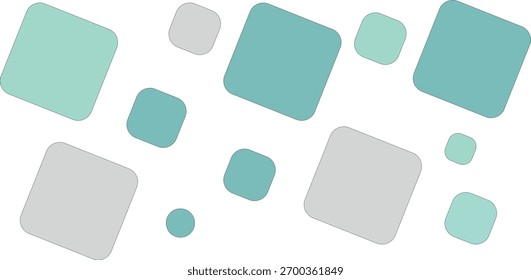 A minimalist abstract design featuring scattered teal and gray rounded squares of various sizes on a clean white background, creating a sense of modern simplicity and visual balance.