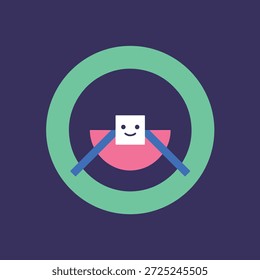 Um design abstrato minimalista com um caráter quadrado sorridente dentro de um círculo e semicírculo, usando formas geométricas e cores vibrantes.
