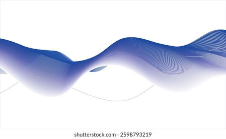A minimalist abstract design featuring smooth, flowing wave lines in a soothing gradient from light blue to deep blue, set against a pristine white background, 