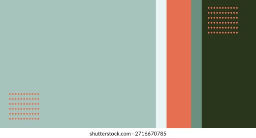 Um design abstrato minimalista com um fundo azul-petróleo suave, acentuado por listras verticais em branco, coral e verde escuro, com um pequeno quadrado texturizado no canto superior direito.