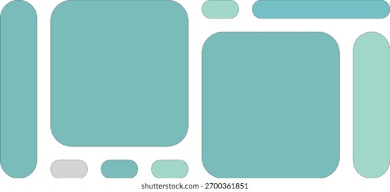 A minimalist abstract design featuring various geometric shapes like rounded rectangles and squares in a cool color palette of teal and mint green, set against a clean white background for a modern ae