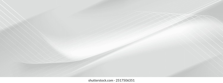 Diseño abstracto minimalista con líneas onduladas blancas sobre un fondo gris claro liso, creando un aspecto moderno y limpio. Vector