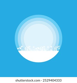 Minimalist abstract design featuring white floral silhouettes on a blue background with layered circular shapes, evoking simplicity and nature.