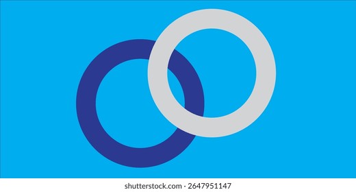 Design abstrato minimalista com dois anéis interligados, um azul escuro e um cinza claro, sobre um fundo azul brilhante. Estilo limpo, moderno e geométrico para fundos, branding,