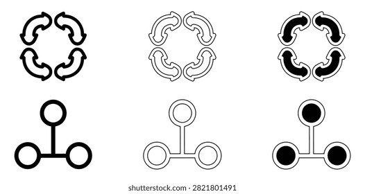 Minimalist abstract diagram of circular and tree network flow with arrows and nodes isolated on transparent background, Vector, illustration