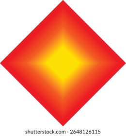 Ilustração digital abstrata minimalista de forma de diamante com um vibrante gradiente vermelho, laranja e amarelo, criando um brilho irradiante sobre um fundo branco limpo,