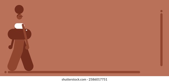 A minimalist and abstract digital illustration of a stylized human figure walking against a monochromatic earthy brown background