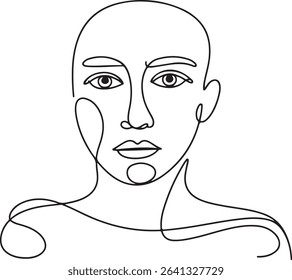 Minimalist abstract face illustration in modern line art style. Black lines on white background, inspired by contemporary art and cubism. Perfect for prints, posters, fashion, and interior decor.